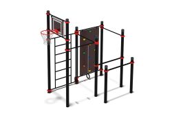 Комплекс Воркаут с баскетбольным щитом, скалодромом, гимнастическими кольцами, турниками, брусьями и шведской стенкой