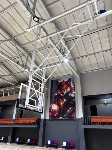 Щит баскетбольный со складной фермой на электроприводе (к-т: ферма потолочная, щит из закаленного стекла 10мм, протектор, аморт. кольцо, сетка) СТ-191#17