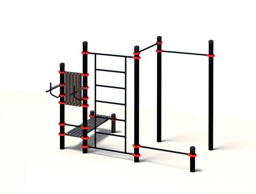 Комплекс Воркаут с низкой перекладиной, лавкой для пресса, шведской стенкой и тренажером брусья-пресс