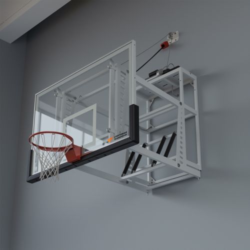 Щит баскетбольный со складной пристенной фермой на электроприводе (к-т: ферма, щит из закаленного стекла 10мм, протектор, аморт. кольцо, сетка) СТ-456#7