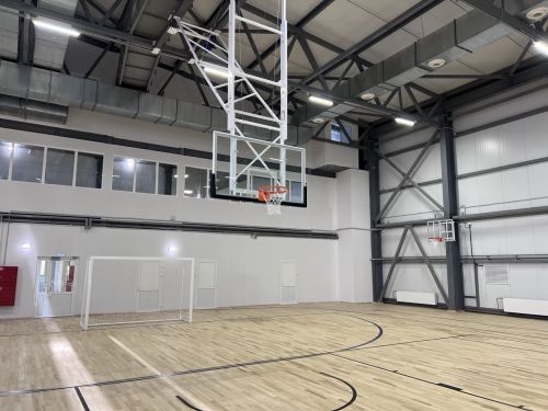 Щит баскетбольный со складной фермой на электроприводе (к-т: ферма потолочная, щит из закаленного стекла 10мм, протектор, аморт. кольцо, сетка) СТ-191#21