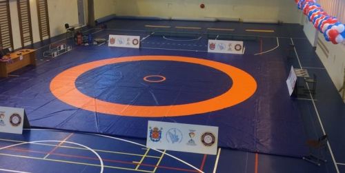 Ковёр борцовский 8х8х0,05 м, эквивалентно пл.140 кг/м3 (НПЭ, трёхцветный) СТП-84