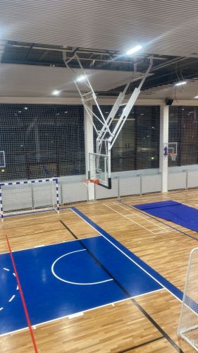 Щит баскетбольный со складной фермой на электроприводе (к-т: ферма потолочная, щит из закаленного стекла 10мм, протектор, аморт. кольцо, сетка) СТ-191#13