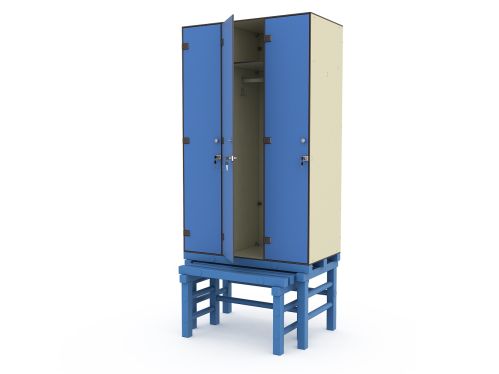 Шкаф для раздевалок HPL пластик ТС 3-1 на подставке с выдвижной скамьей (3 секции) Шкаф для раздевалок HPL пластик ТС 3-1 на подставке с выдвижной скамьей (3 секции)