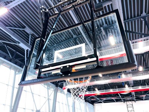 Щит баскетбольный со складной фермой на электроприводе (к-т: ферма потолочная, щит из закаленного стекла 10мм, протектор, аморт. кольцо, сетка) СТ-191#29