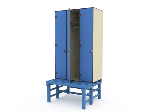 Шкаф для раздевалок HPL пластик ТС 3-1 на скамье-подставке (3 секции) Шкаф для раздевалок HPL пластик ТС 3-1 на скамье-подставке (3 секции)