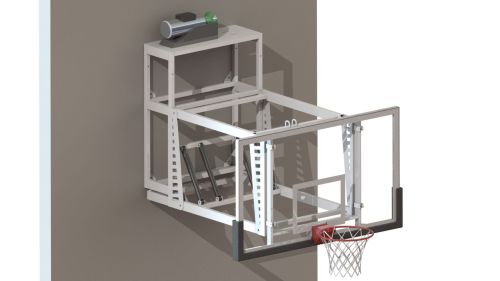 Щит баскетбольный со складной пристенной фермой на электроприводе (к-т: ферма, щит из закаленного стекла 10мм, протектор, аморт. кольцо, сетка) СТ-456