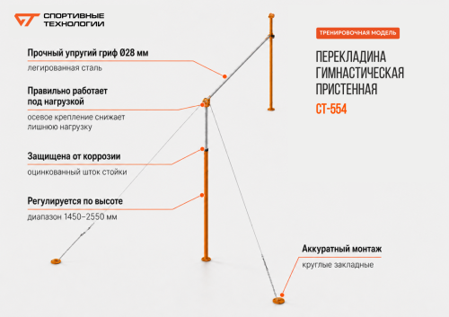 Перекладина гимнастическая, пристенная  СТ-554#3