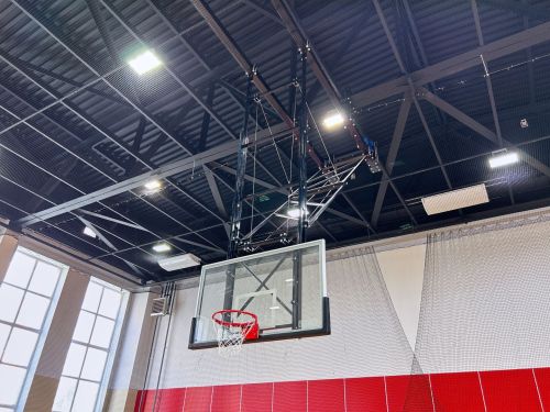 Щит баскетбольный со складной фермой на электроприводе (к-т: ферма потолочная, щит из закаленного стекла 10мм, протектор, аморт. кольцо, сетка) СТ-191#24