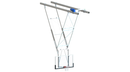 Щит баскетбольный со складной фермой на электроприводе (к-т: ферма потолочная, щит из закаленного стекла 10мм, протектор, аморт. кольцо, сетка) СТ-191#2