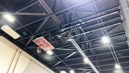 Щит баскетбольный со складной фермой на электроприводе (к-т: ферма потолочная, щит из закаленного стекла 10мм, протектор, аморт. кольцо, сетка) СТ-191#31