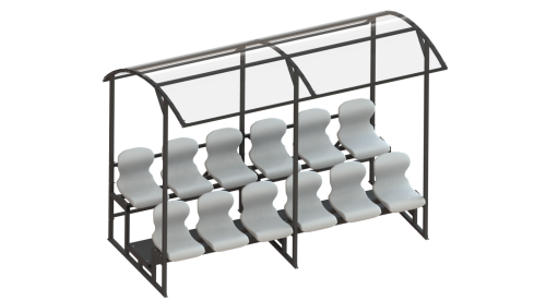 Трибуна 2-х рядная на 12 мест (с навесом из поликарбоната) СТ-49 Трибуна 2-х рядная на 12 мест (с навесом из поликарбоната) СТ-49