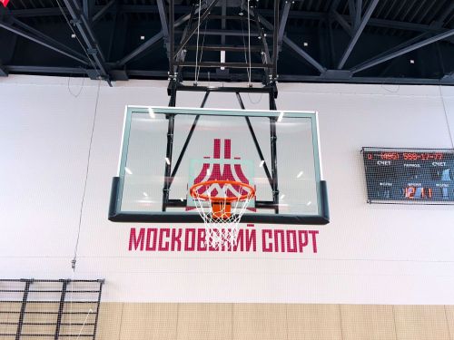 Щит баскетбольный со складной фермой на электроприводе (к-т: ферма потолочная, щит из закаленного стекла 10мм, протектор, аморт. кольцо, сетка) СТ-191#26