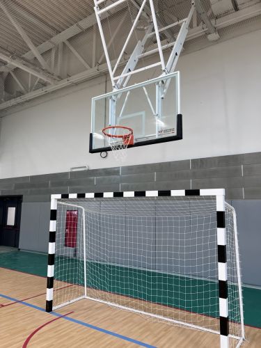 Щит баскетбольный со складной фермой на электроприводе (к-т: ферма потолочная, щит из закаленного стекла 10мм, протектор, аморт. кольцо, сетка) СТ-191#22