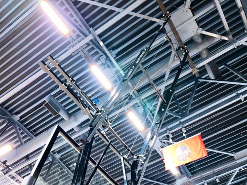 Щит баскетбольный со складной фермой на электроприводе (к-т: ферма потолочная, щит из закаленного стекла 10мм, протектор, аморт. кольцо, сетка) СТ-191#30