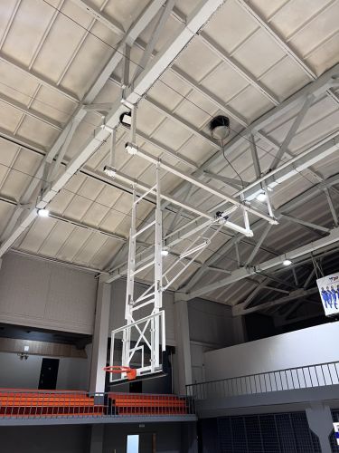 Щит баскетбольный со складной фермой на электроприводе (к-т: ферма потолочная, щит из закаленного стекла 10мм, протектор, аморт. кольцо, сетка) СТ-191#18